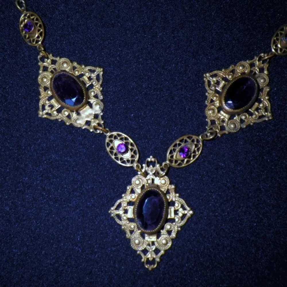 Vintage Brass Filigree and Amethyst Glass and Rhi… - image 6