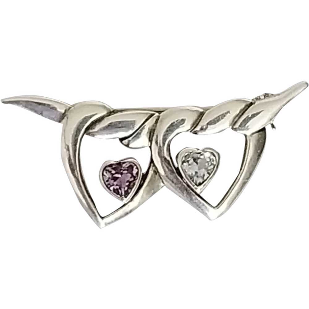Vintage Signed Sterling Silver Double Heart Brooch - image 1