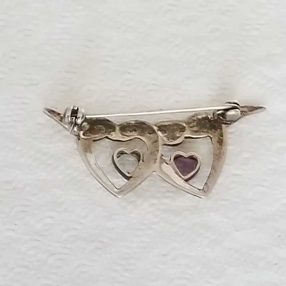 Vintage Signed Sterling Silver Double Heart Brooch - image 2