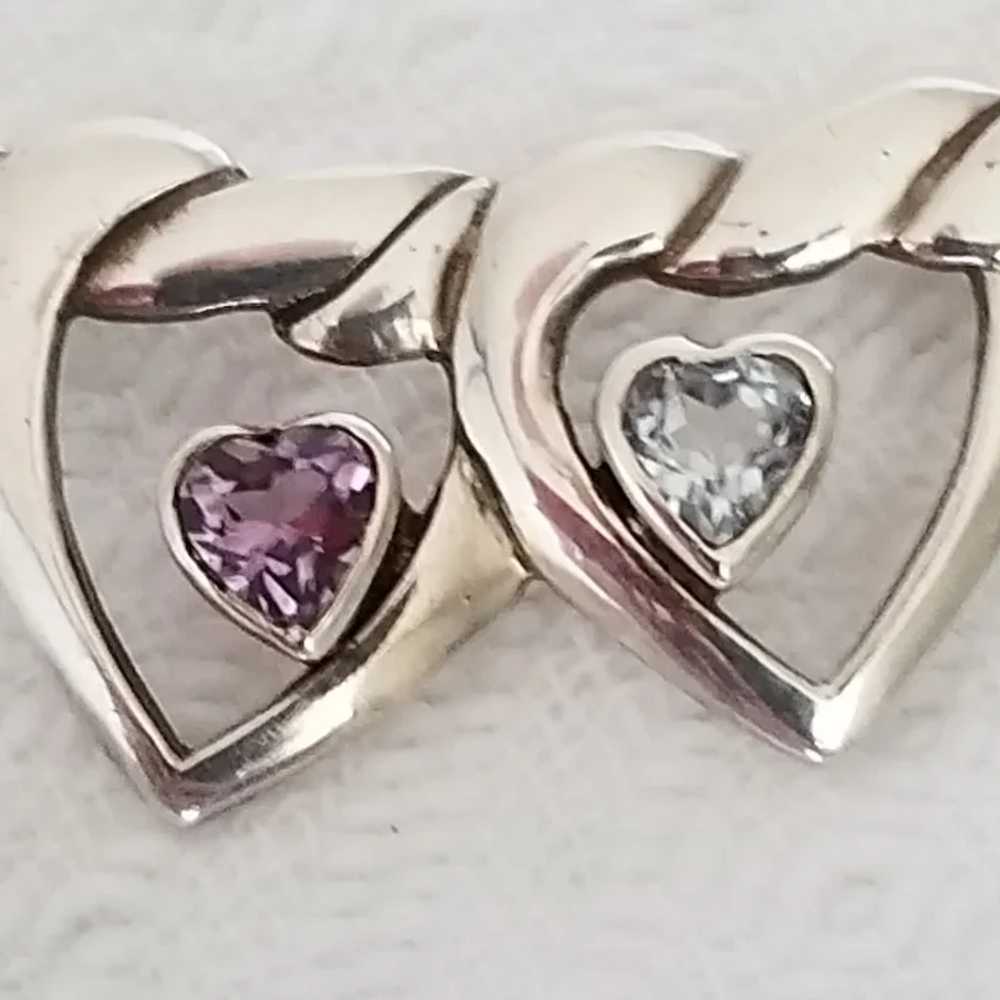 Vintage Signed Sterling Silver Double Heart Brooch - image 3