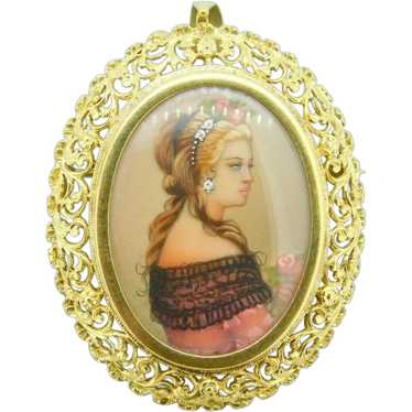 Large 18K Yellow Gold Pierced Hand Painted Portrai