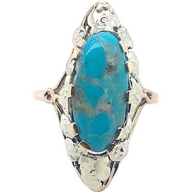 14K Arts & Crafts Turquoise Ring applied leaves - image 1