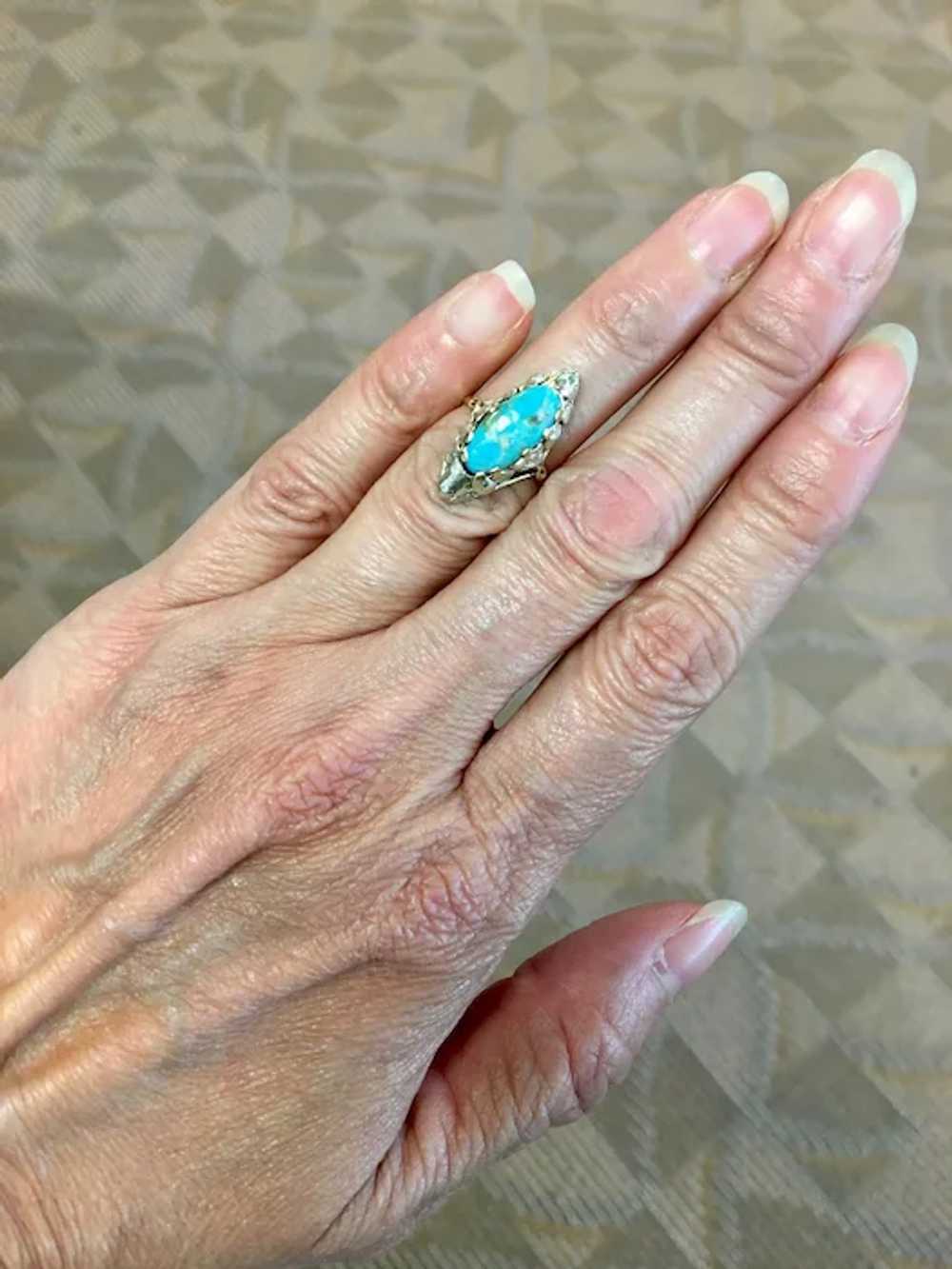 14K Arts & Crafts Turquoise Ring applied leaves - image 6