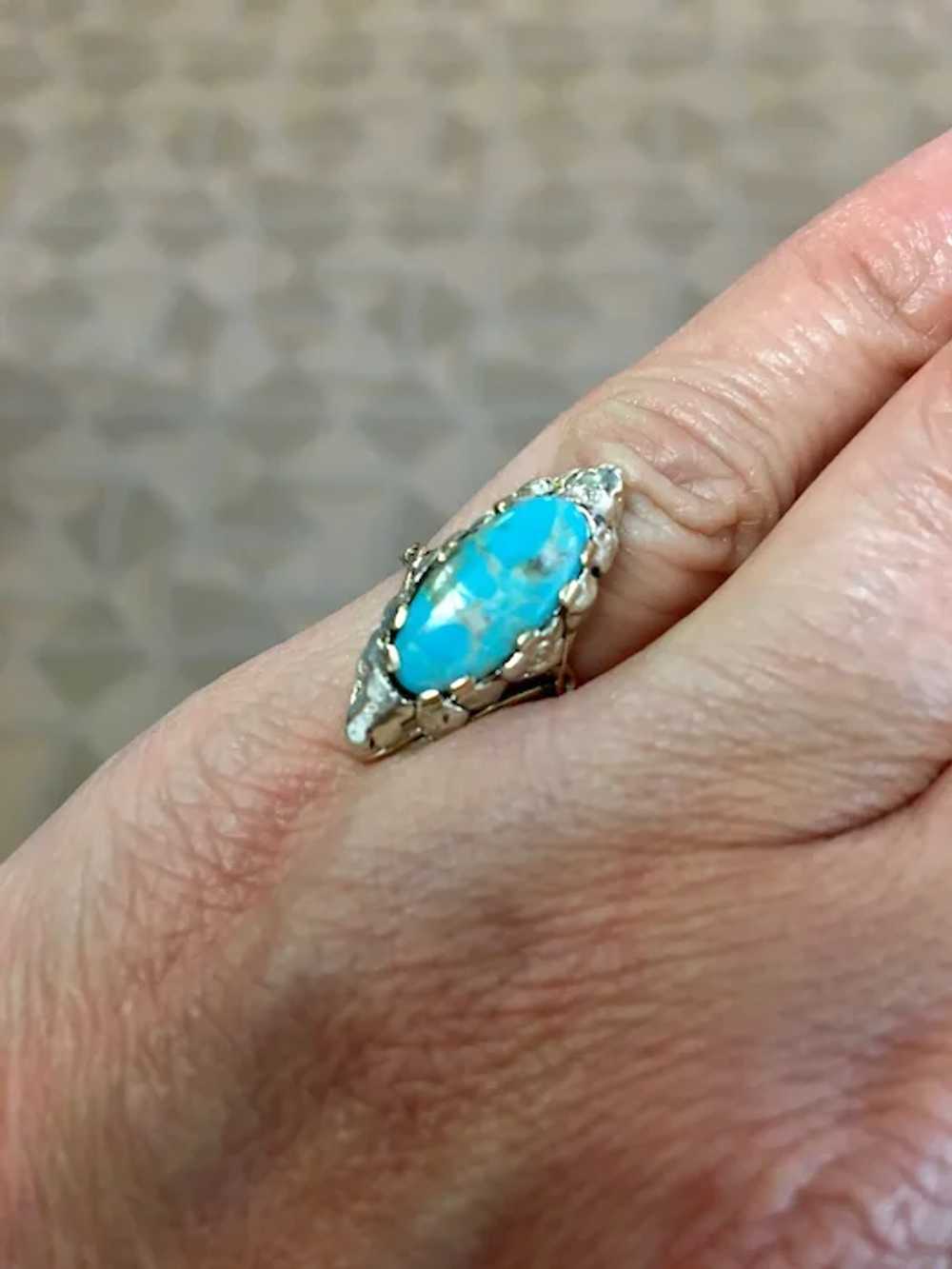 14K Arts & Crafts Turquoise Ring applied leaves - image 7