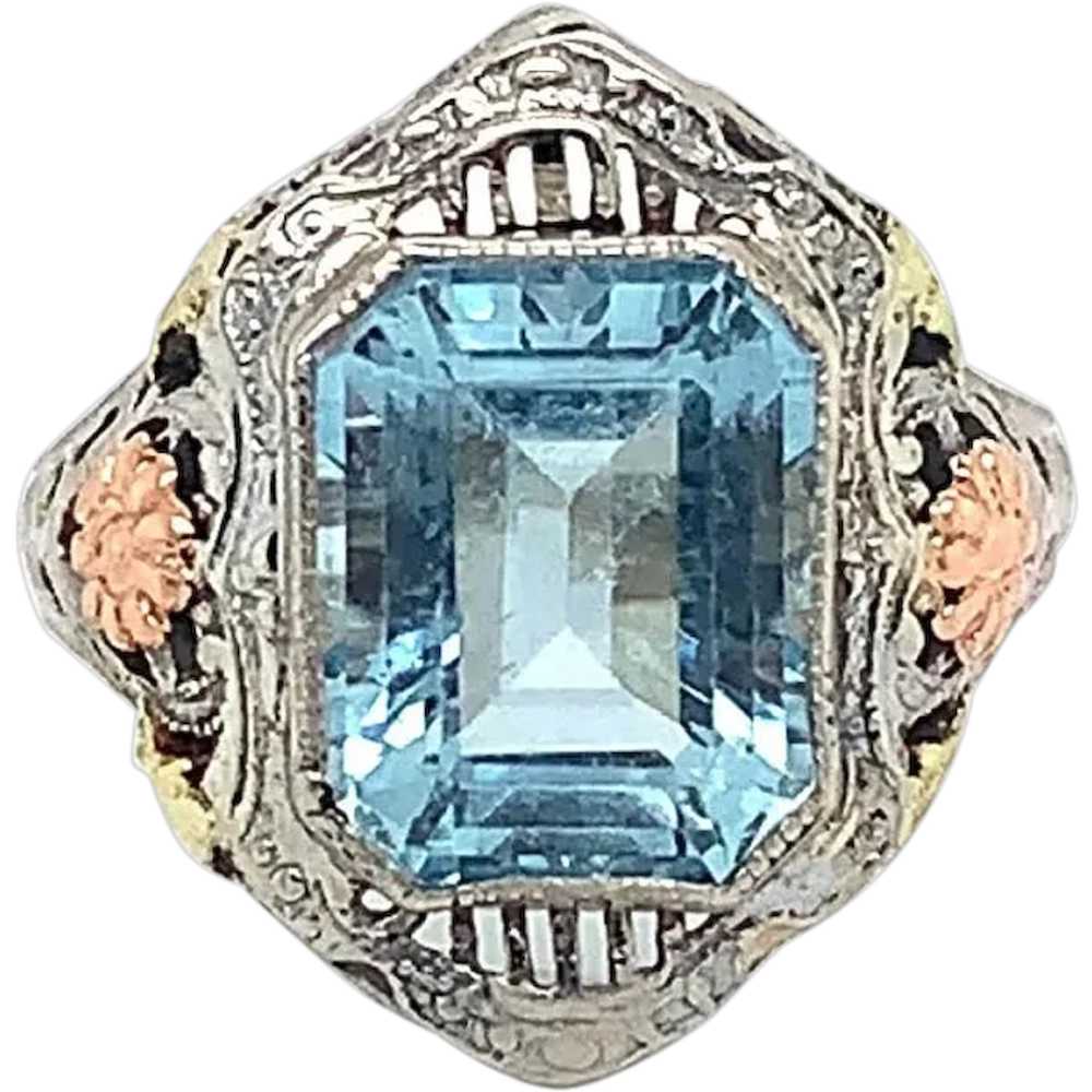 10K tri-color 3.28ct Aquamarine Filigree Ring - image 1