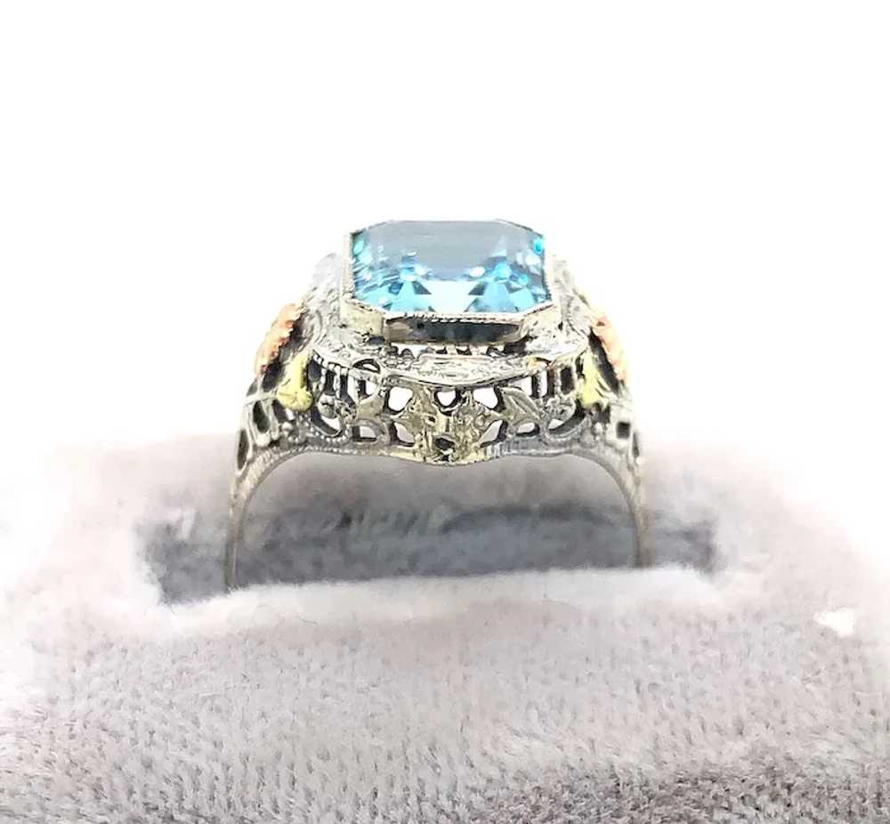 10K tri-color 3.28ct Aquamarine Filigree Ring - image 2