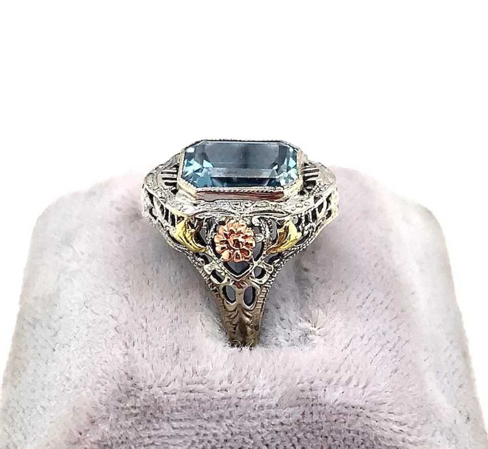 10K tri-color 3.28ct Aquamarine Filigree Ring - image 3