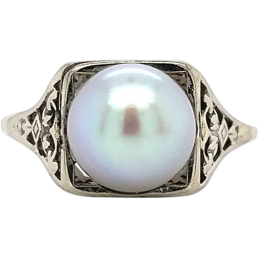 18K Art Deco 8mm Pearl Filigree Ring - image 1