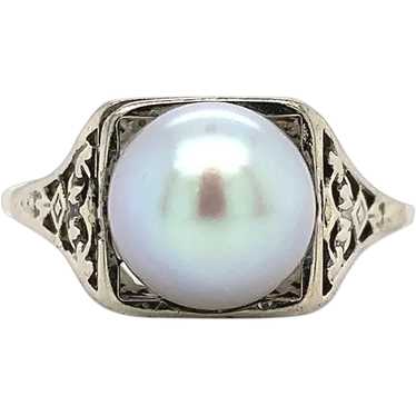 18K Art Deco 8mm Pearl Filigree Ring - image 1