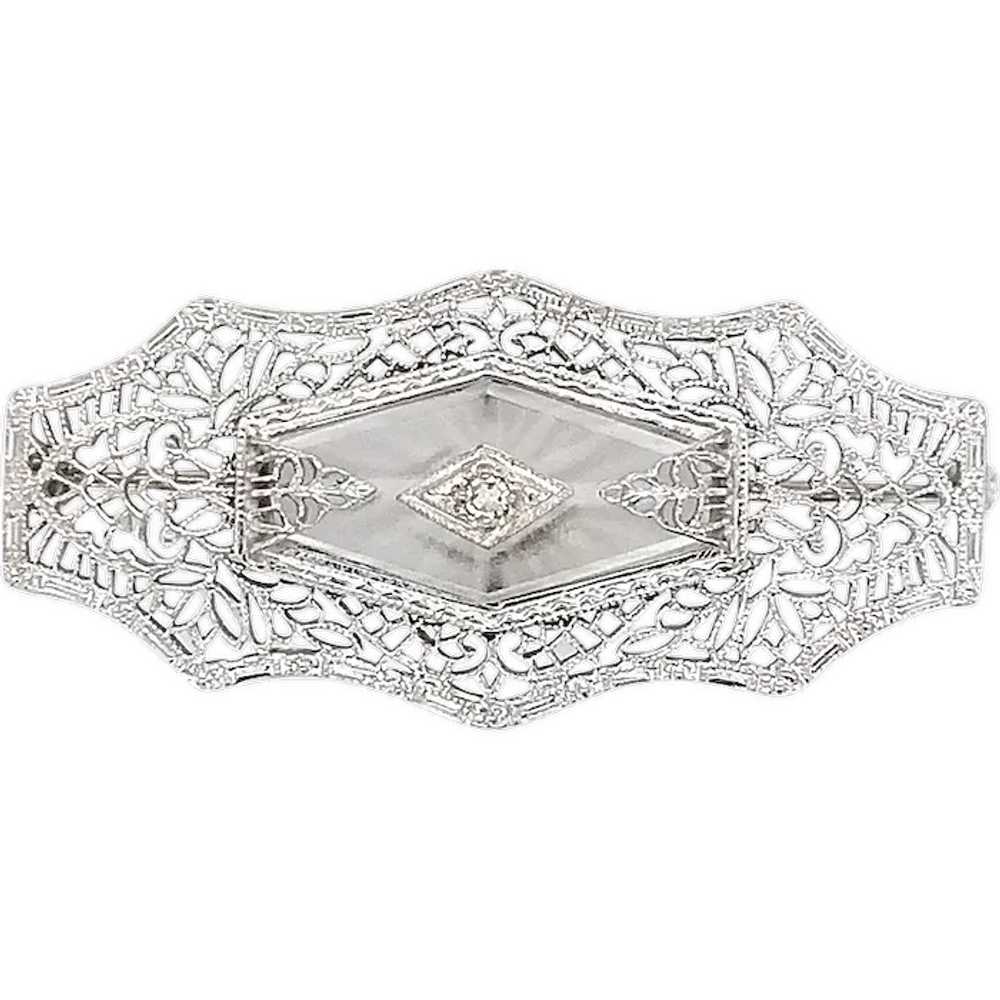 10K Rock Crystal Quartz and Diamond Filigree Pin - image 1