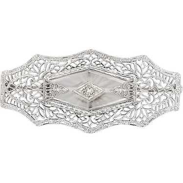 10K Rock Crystal Quartz and Diamond Filigree Pin - image 1