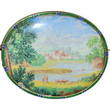 14k Large Gold and Enamel Pastoral Scene Brooch - 