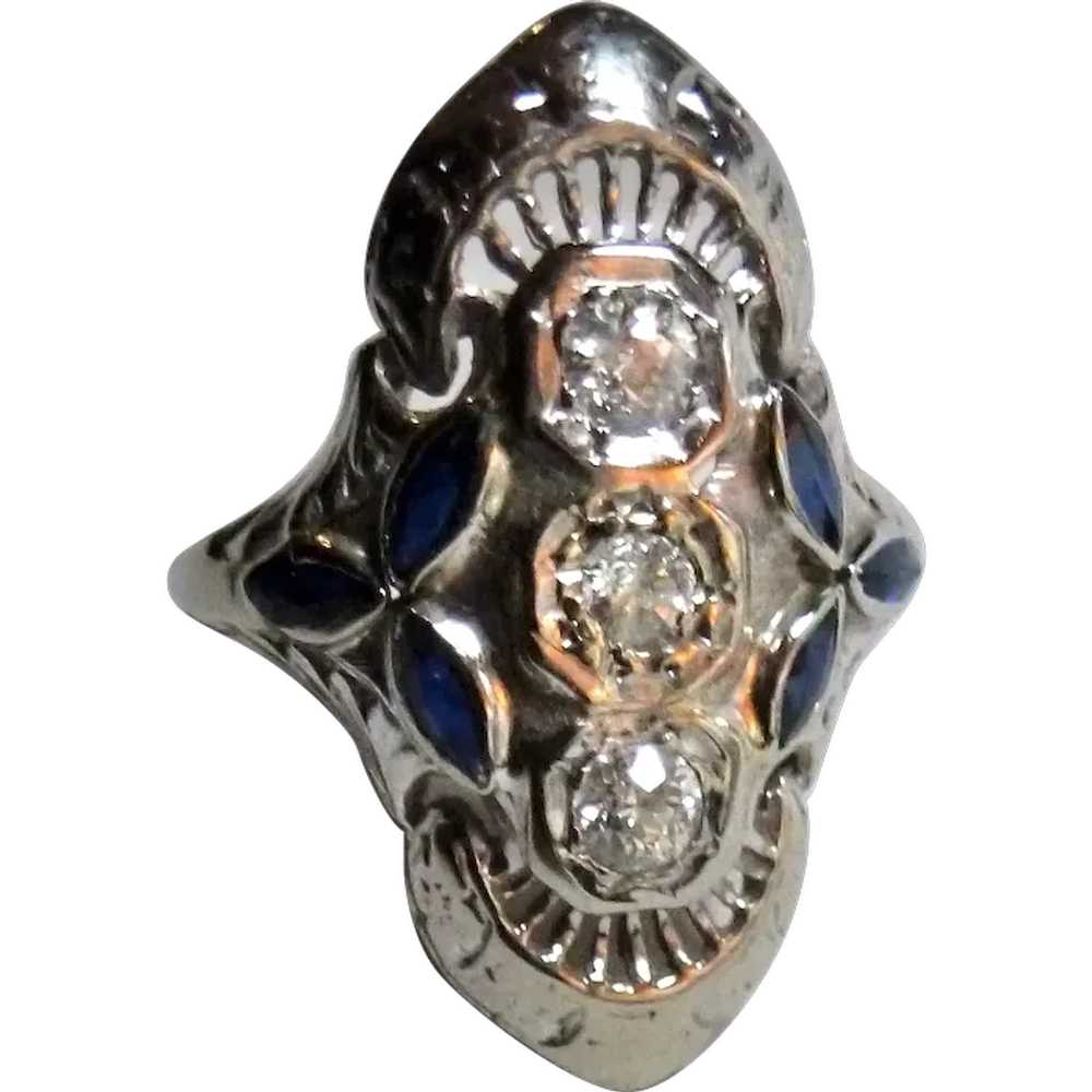 Edwardian 18K White Diamond and Synthetic Blue Sa… - image 1