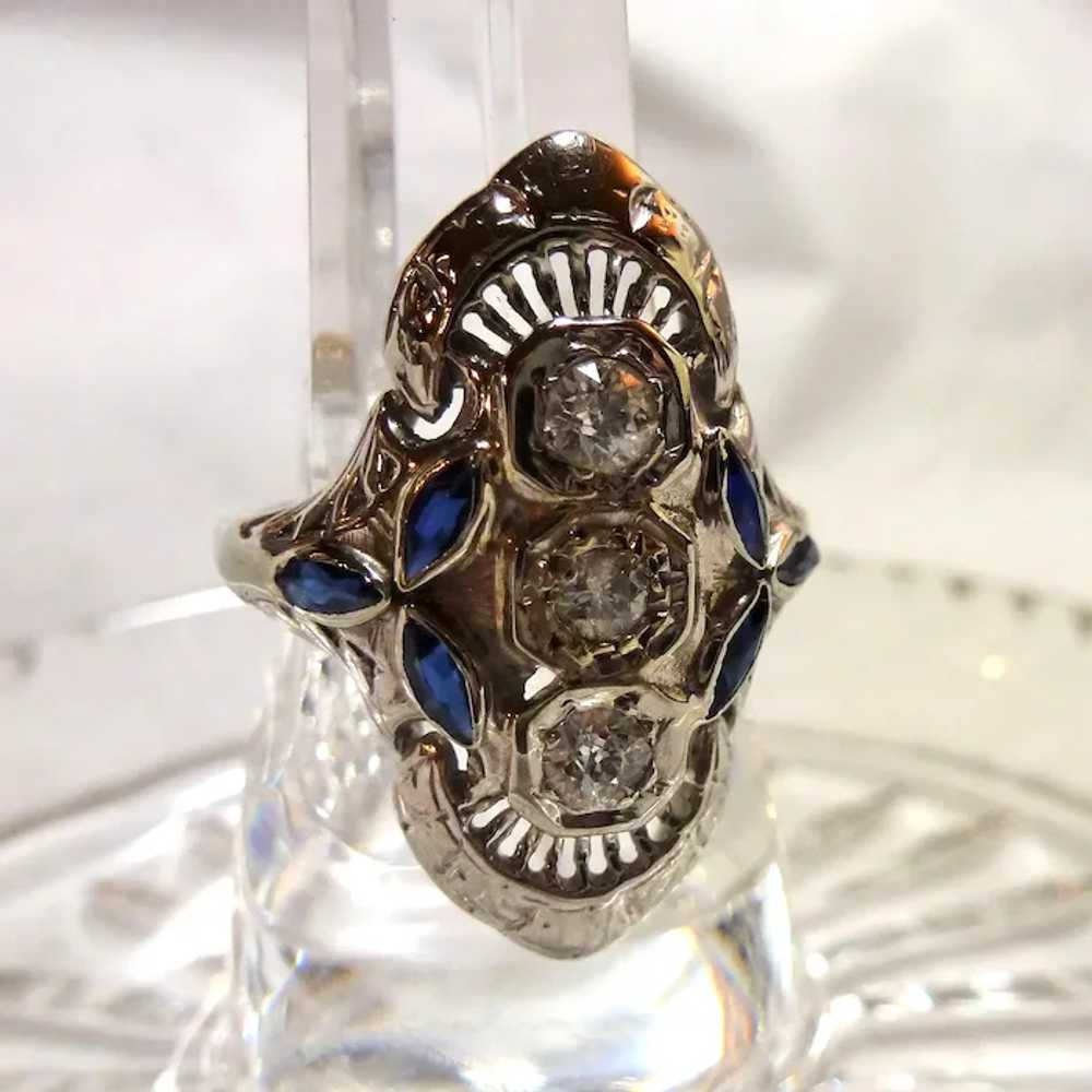 Edwardian 18K White Diamond and Synthetic Blue Sa… - image 2
