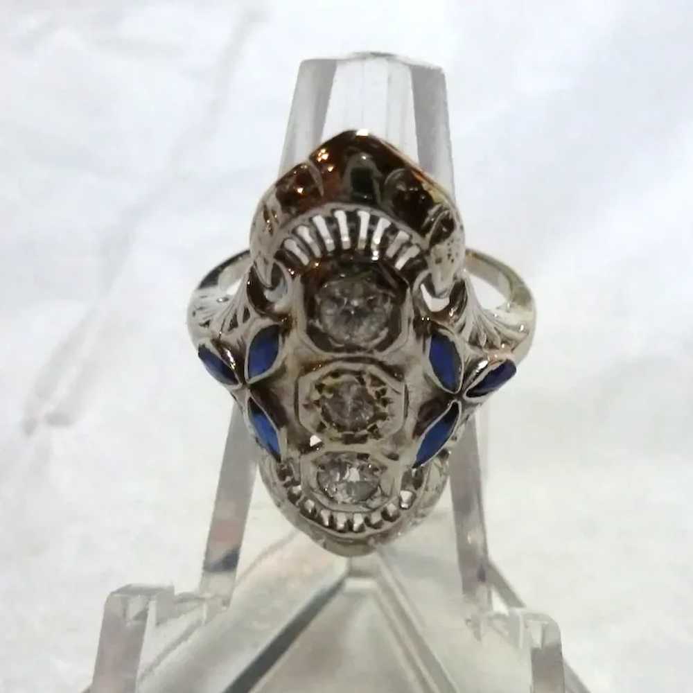 Edwardian 18K White Diamond and Synthetic Blue Sa… - image 5