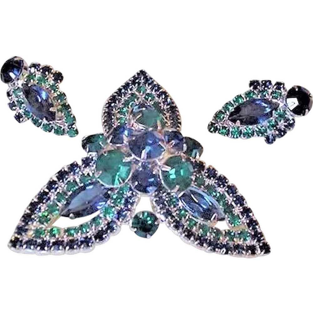 Green and Blue Rhinestone Pin and Earrings - image 1