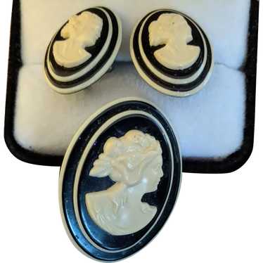 Old Laminated Celluloid Cameo Pin and Earrings - image 1