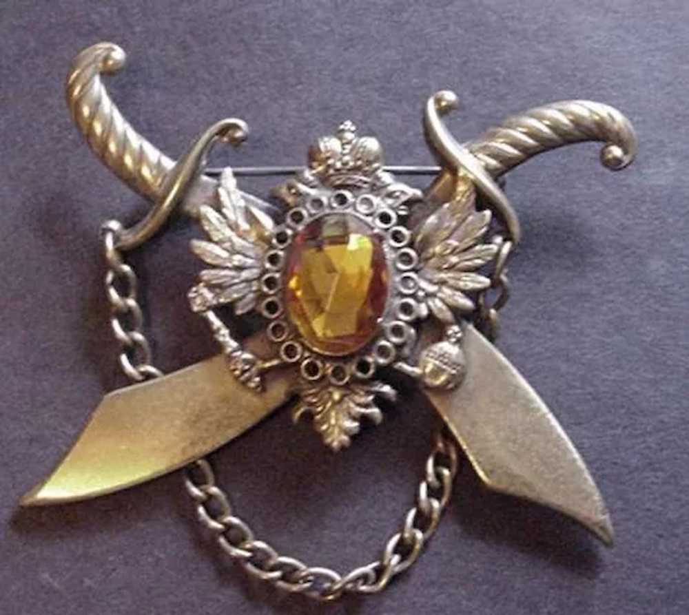 Vintage Style Metal Heraldic Style Rhinestone Pin - image 1
