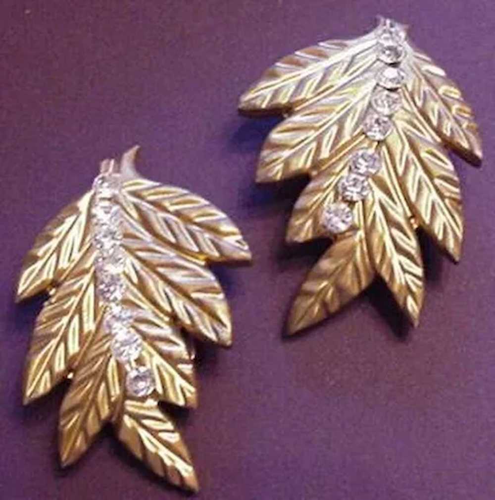 Vintage Pair of Celluloid and Rhinestone Leaves D… - image 1