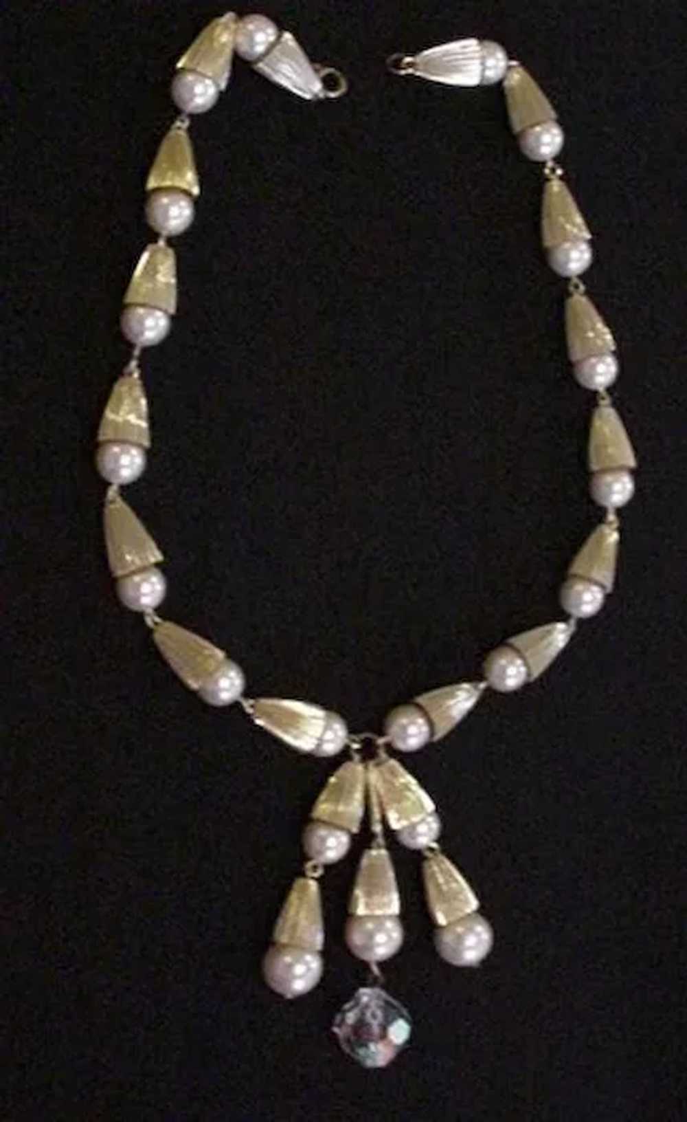 Vintage Faux Pearl and Crystal Necklace - image 2