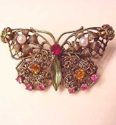 Antiqued Brass and Glass Rhinestone Butterfly Pin