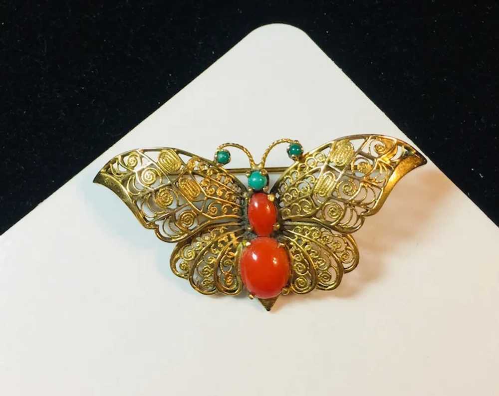 14k Yellow Gold Coral and Turquoise Butterfly Bro… - image 10