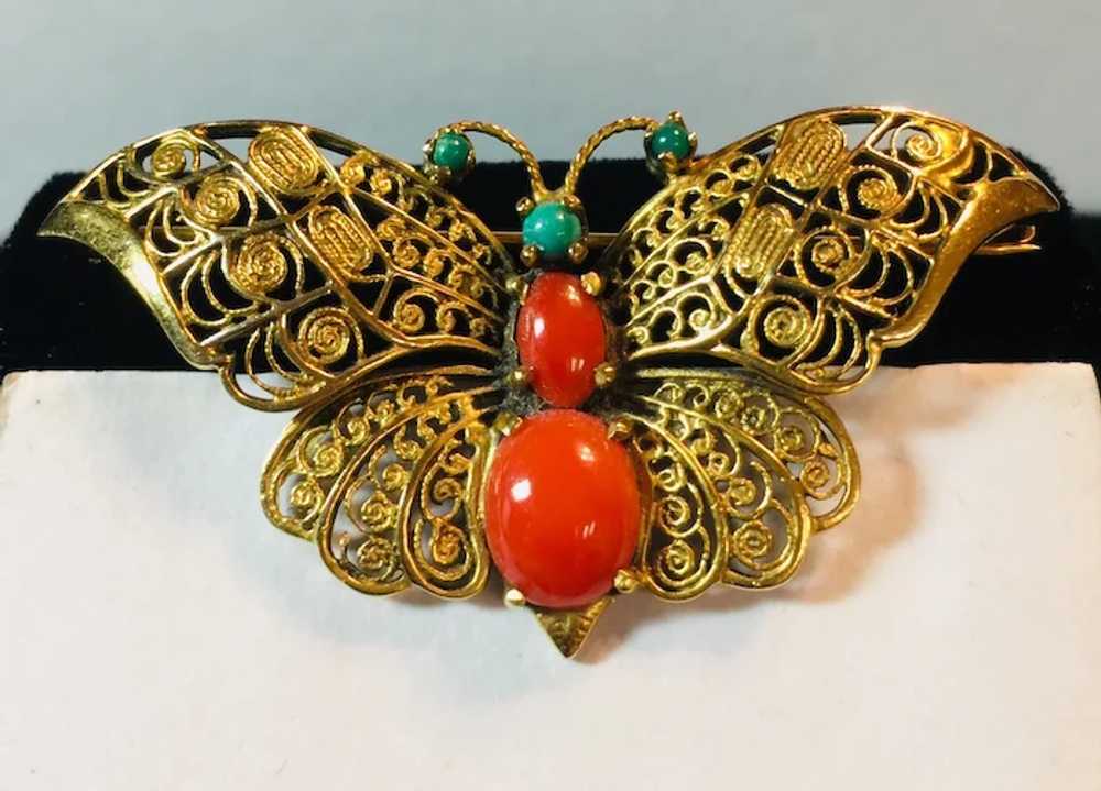 14k Yellow Gold Coral and Turquoise Butterfly Bro… - image 11