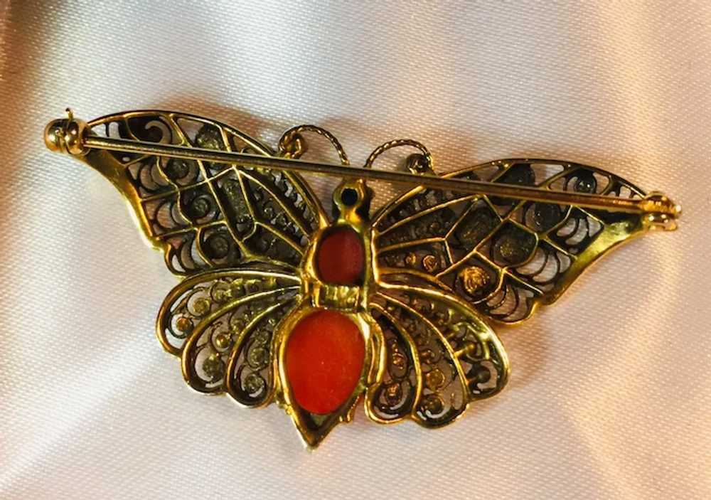14k Yellow Gold Coral and Turquoise Butterfly Bro… - image 12