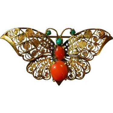 14k Yellow Gold Coral and Turquoise Butterfly Bro… - image 1