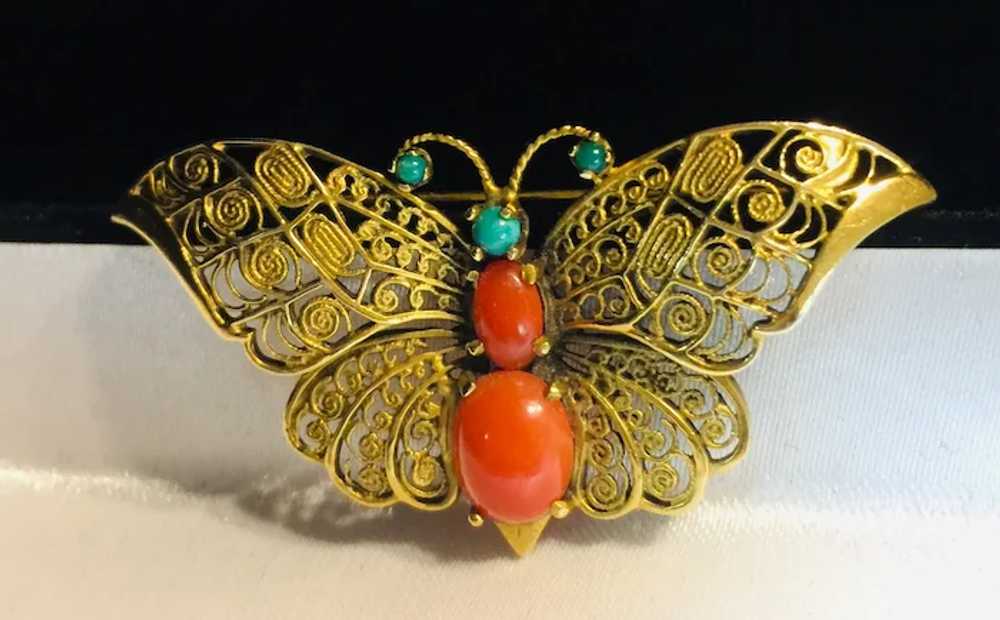 14k Yellow Gold Coral and Turquoise Butterfly Bro… - image 2