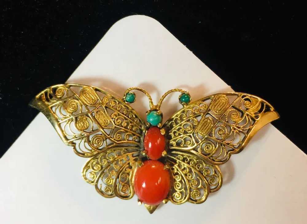 14k Yellow Gold Coral and Turquoise Butterfly Bro… - image 3