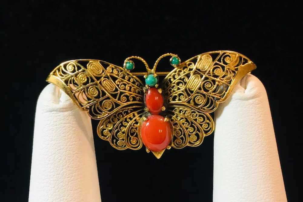 14k Yellow Gold Coral and Turquoise Butterfly Bro… - image 4