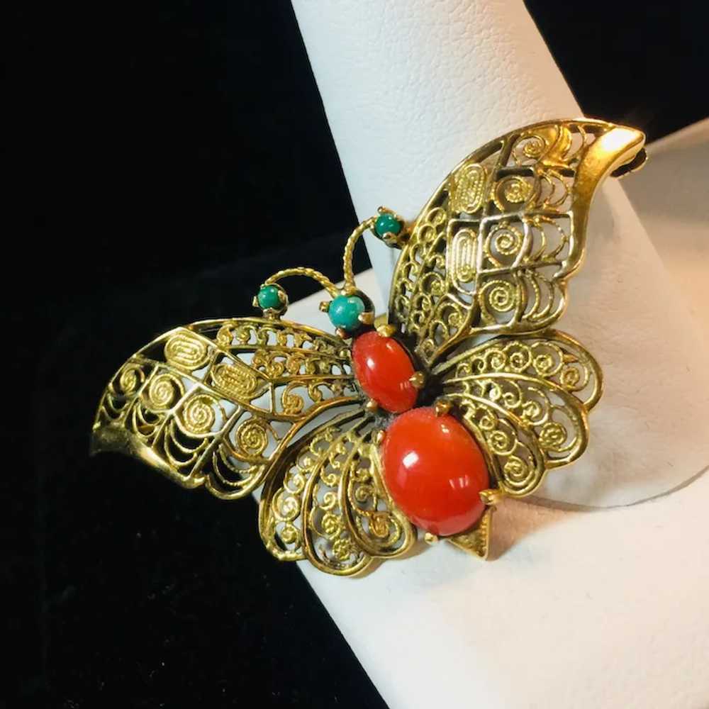 14k Yellow Gold Coral and Turquoise Butterfly Bro… - image 5