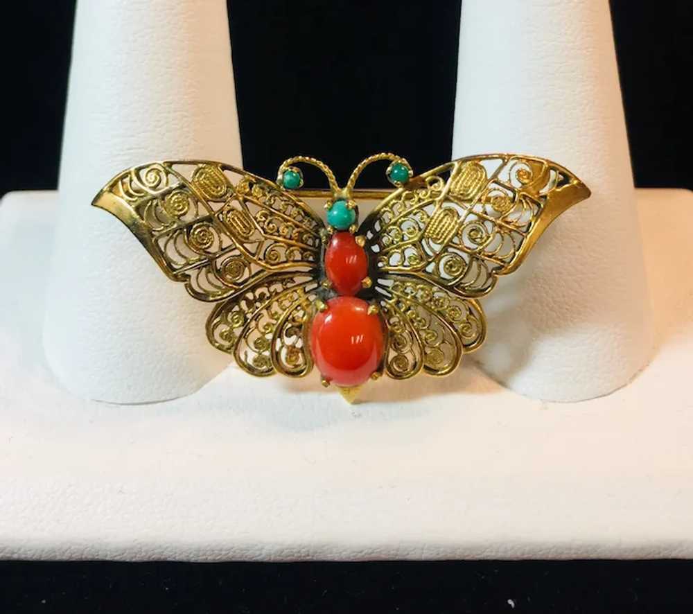 14k Yellow Gold Coral and Turquoise Butterfly Bro… - image 6