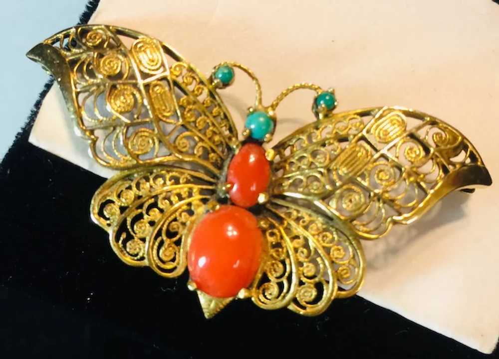 14k Yellow Gold Coral and Turquoise Butterfly Bro… - image 7