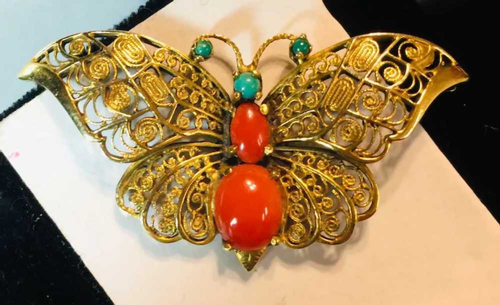 14k Yellow Gold Coral and Turquoise Butterfly Bro… - image 8