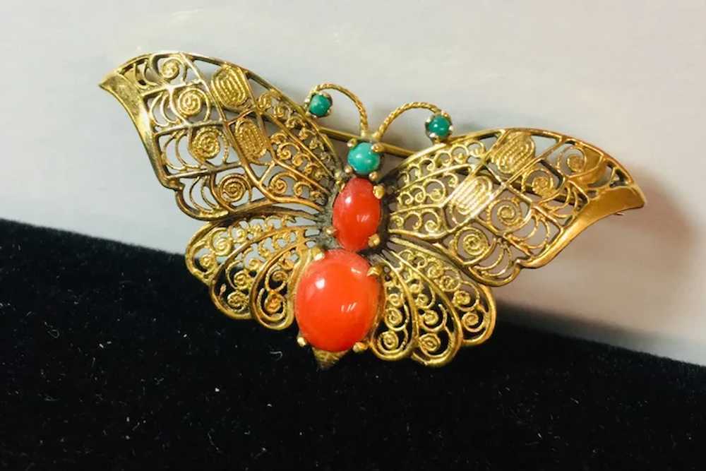 14k Yellow Gold Coral and Turquoise Butterfly Bro… - image 9