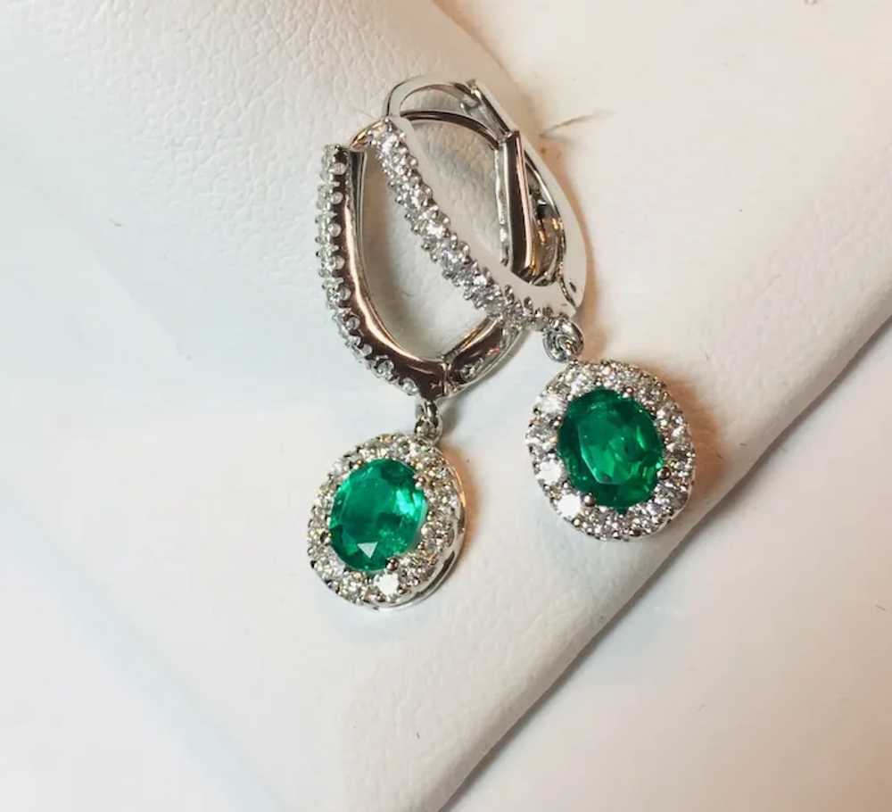 18k White Gold Emerald and Diamond Earrings - image 2