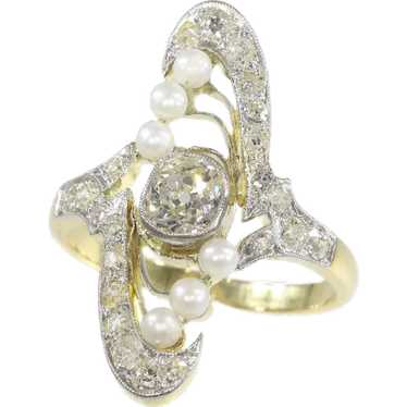 Magnificent Art Nouveau Diamond and Pearl Engagem… - image 1