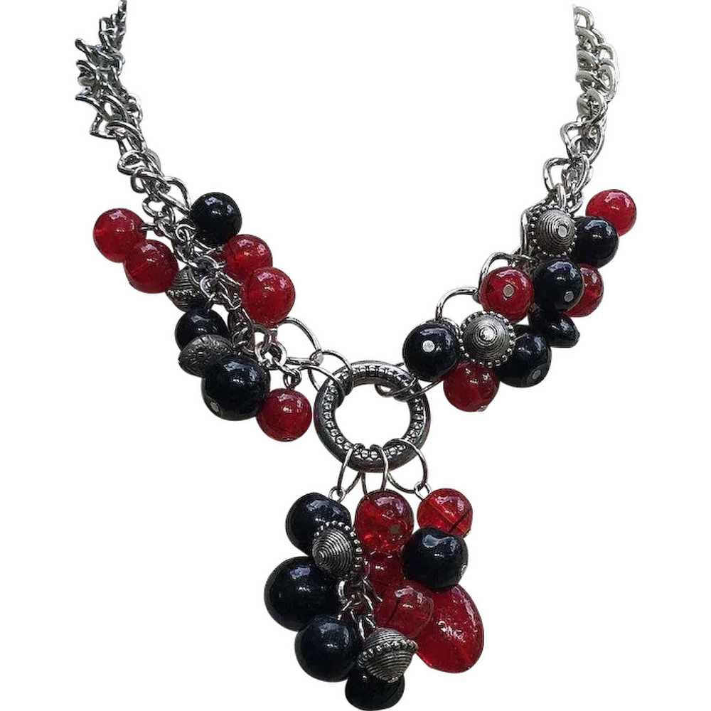 Chunky Red and Black Beaded Silver Tone Necklace - image 1