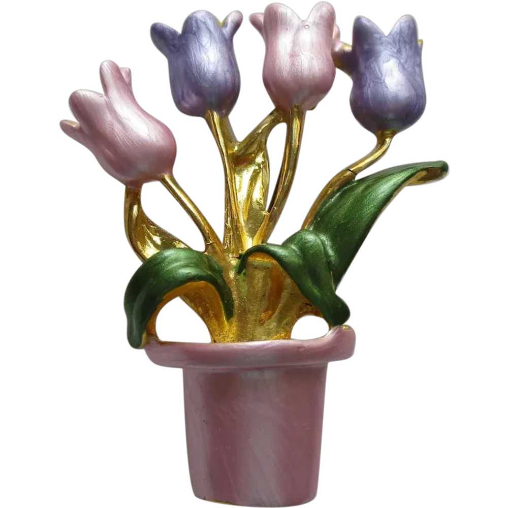 Pink Flower Pot With Four Pastel Tulips Brooch Vi… - image 1