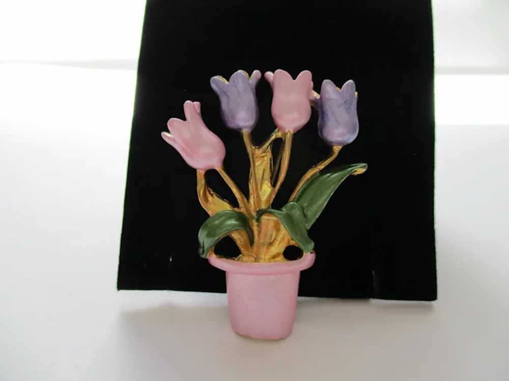 Pink Flower Pot With Four Pastel Tulips Brooch Vi… - image 2