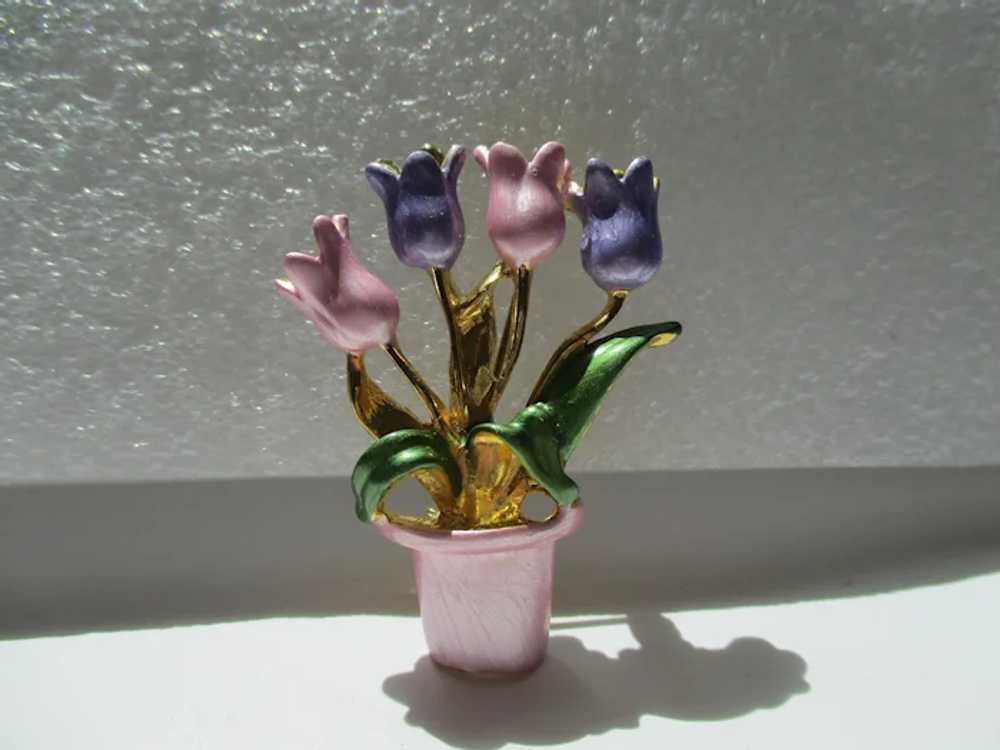 Pink Flower Pot With Four Pastel Tulips Brooch Vi… - image 3