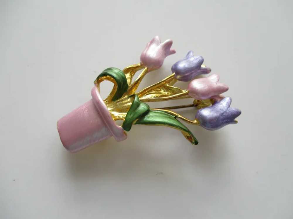 Pink Flower Pot With Four Pastel Tulips Brooch Vi… - image 4