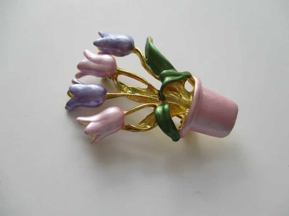 Pink Flower Pot With Four Pastel Tulips Brooch Vi… - image 5