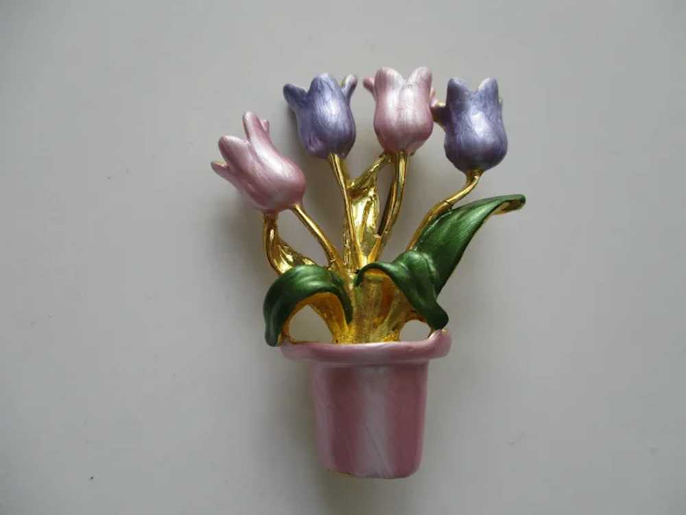 Pink Flower Pot With Four Pastel Tulips Brooch Vi… - image 8