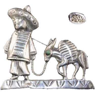Vintage Mexico Silver Man and Donkey Brooch