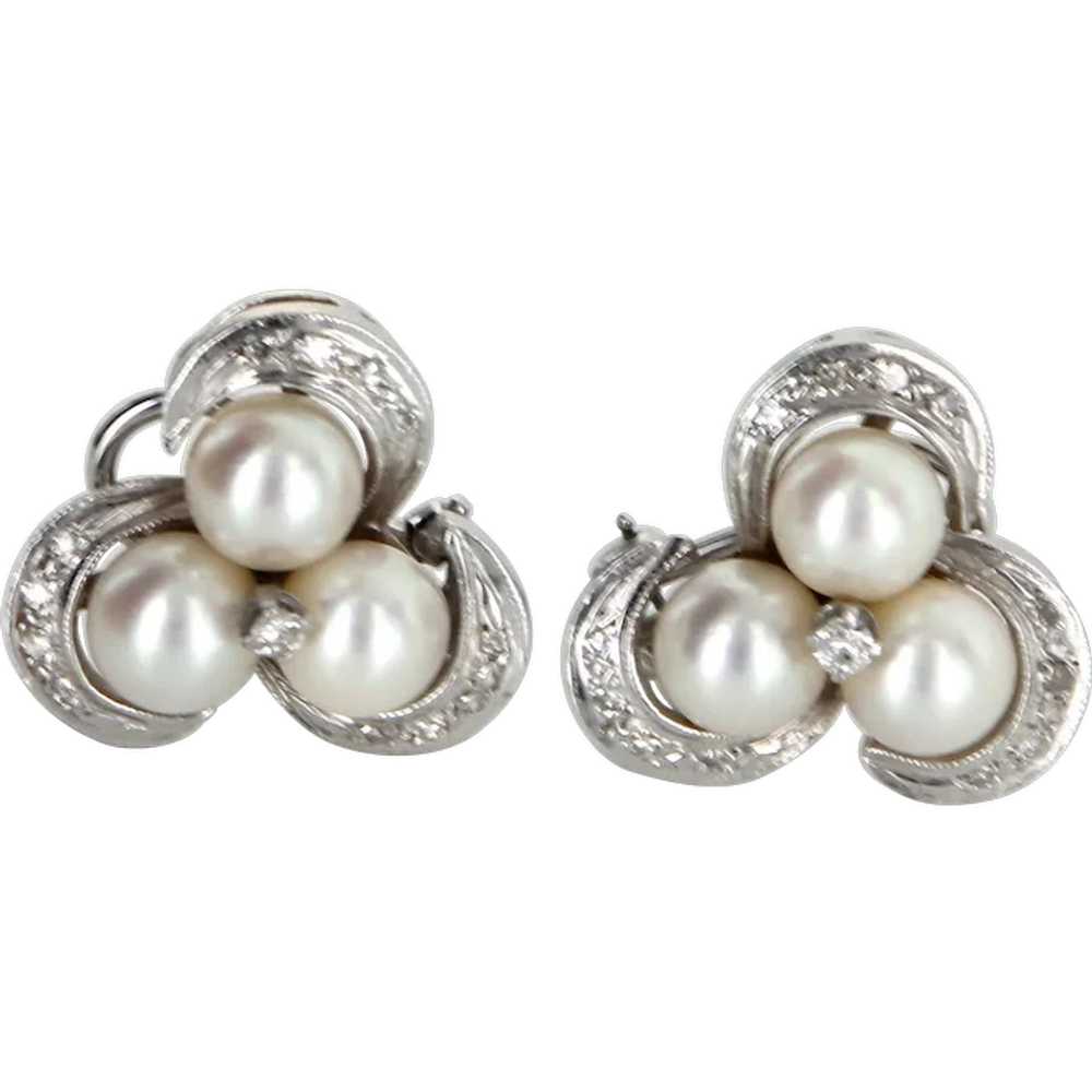 Cultured Pearl Diamond Clip Cocktail Cluster Earr… - image 1