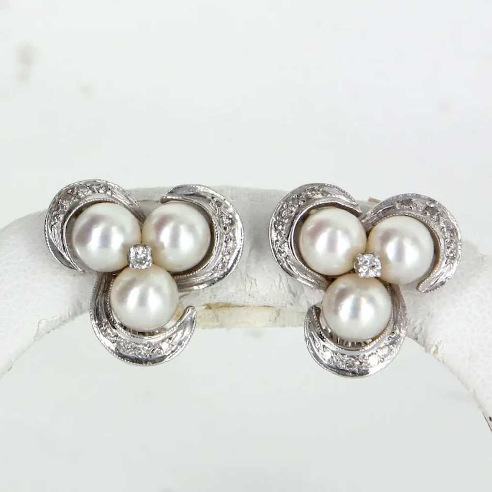 Cultured Pearl Diamond Clip Cocktail Cluster Earr… - image 2