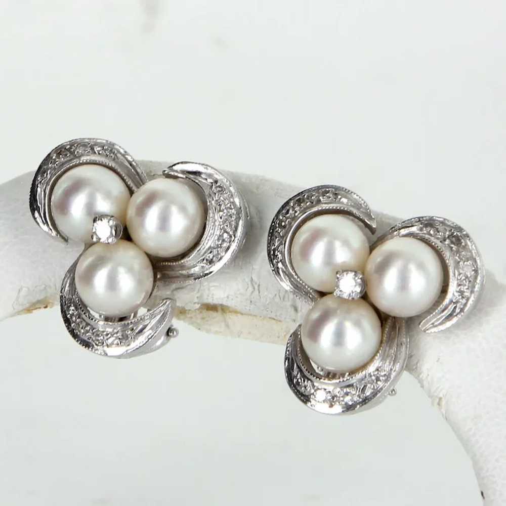 Cultured Pearl Diamond Clip Cocktail Cluster Earr… - image 4